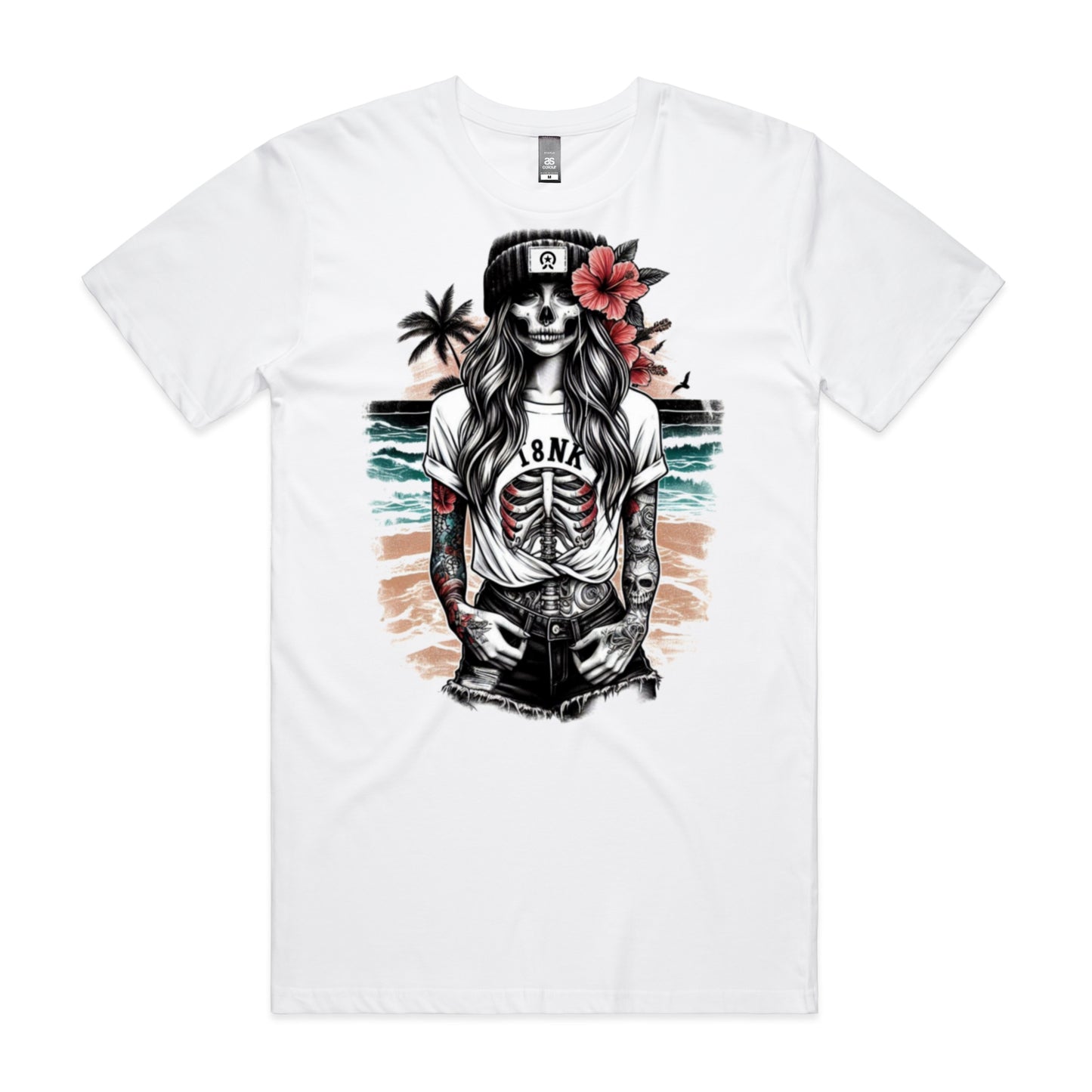 T8NK Skeleton Beach Girl T-Shirt | Skull Surfer Graphic | Coastal Tattoo Style | Rib Cage Skeleton | Gothic Beachwear