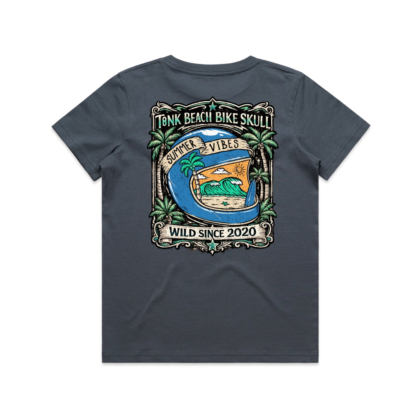 T8NK Summer Vibes Helmet Tee | Beach Bike Skull Coastal Graphic T-Shirt
