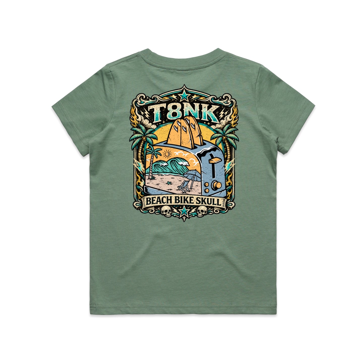 T8NK Beach Bike Skull Toaster Tee | Retro Surf Beach Graphic Tee