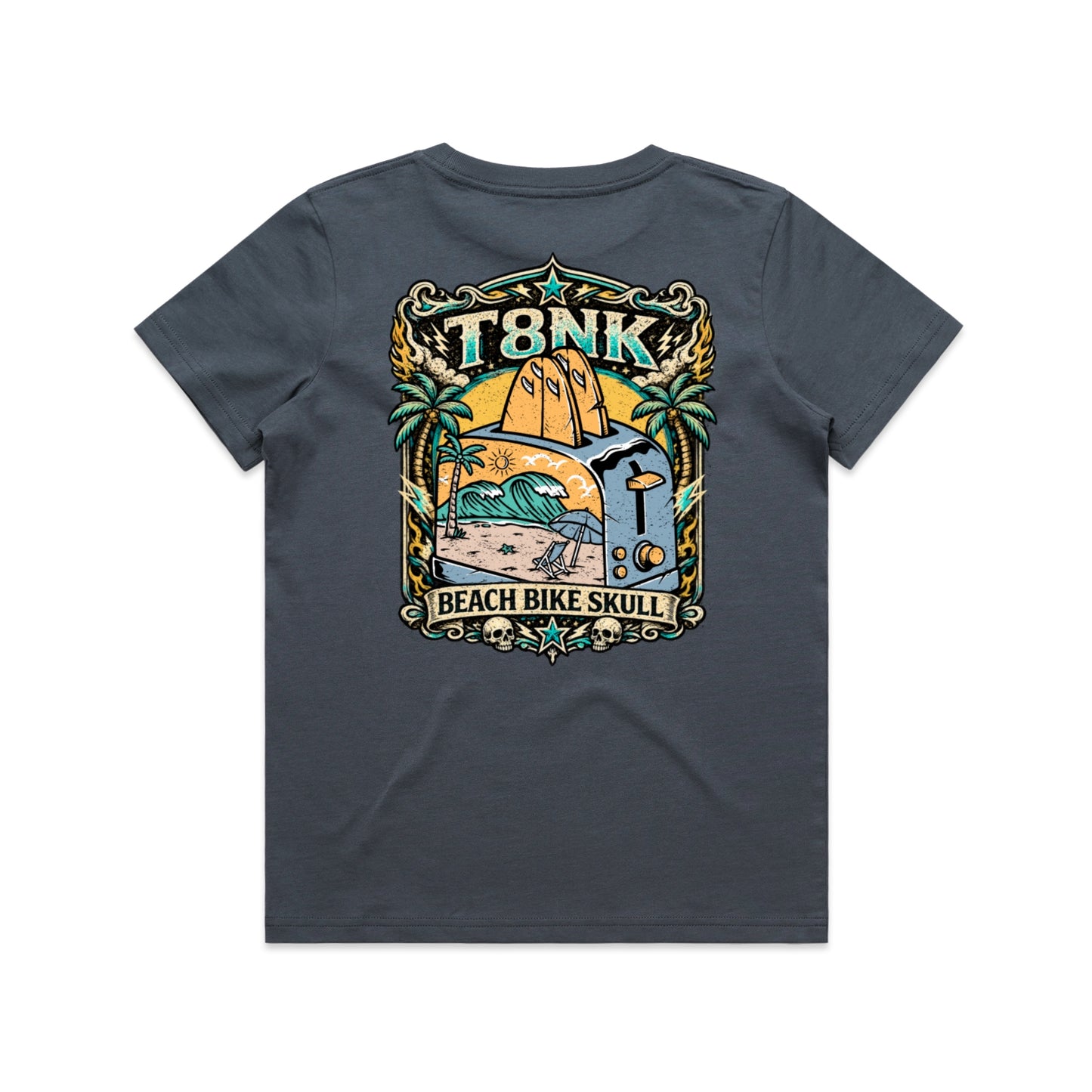 T8NK Beach Bike Skull Toaster Tee | Retro Surf Beach Graphic Tee