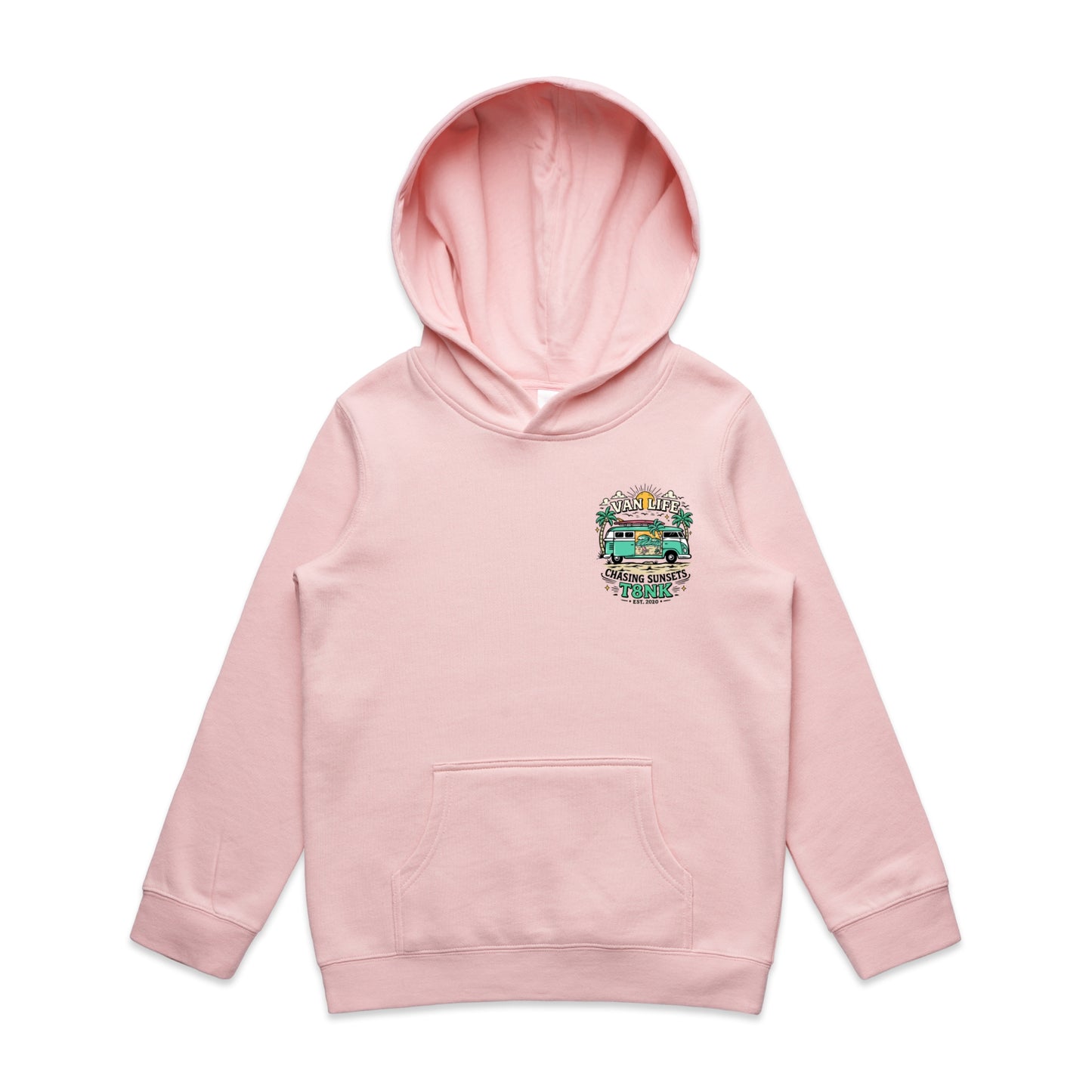 T8NK Van Life Chasing Sunsets Hoodie | Retro Camper Van Beach Graphic Hoodie