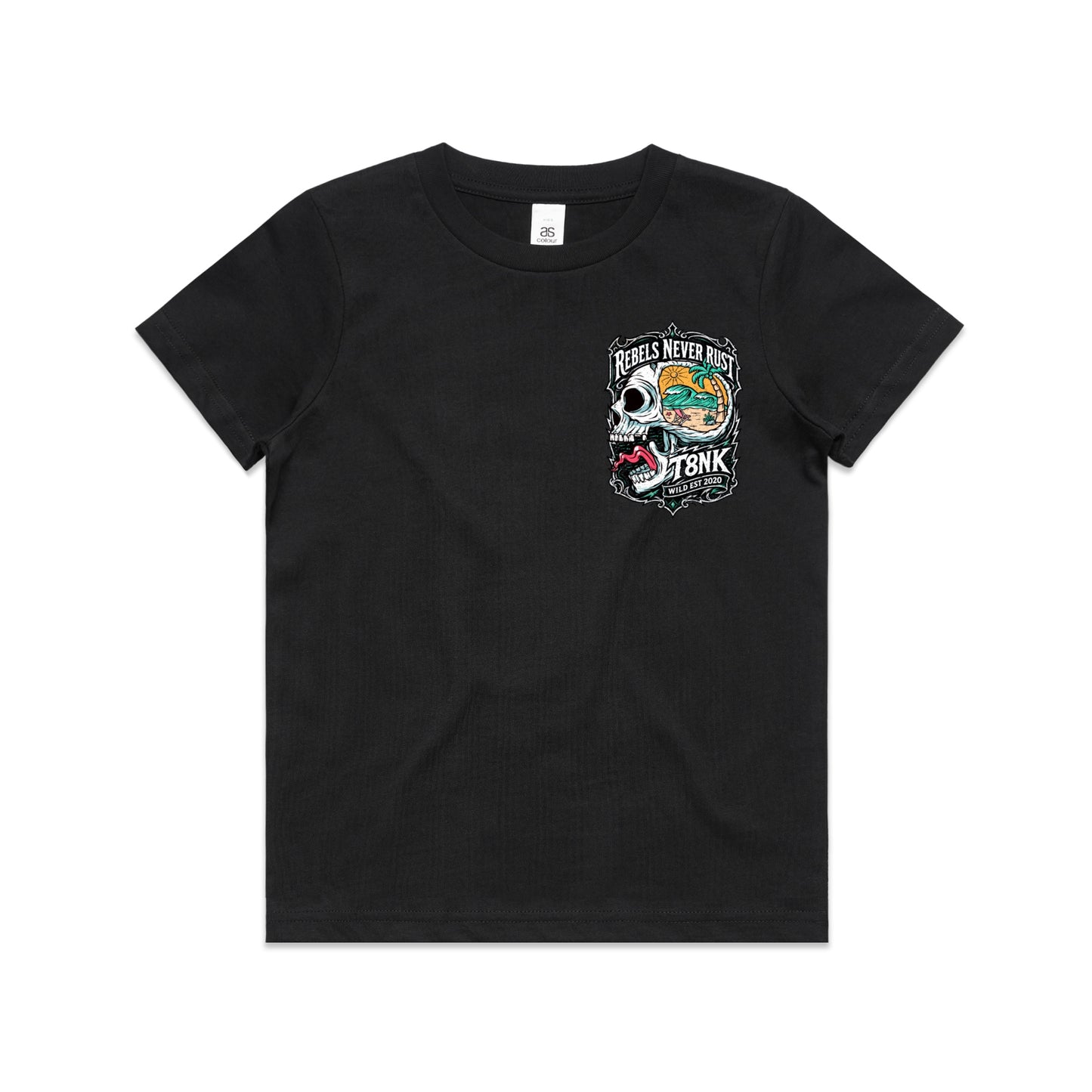 T8NK Rebels Never Rust Skull Tee | Vintage Surf Skull Graphic Tee