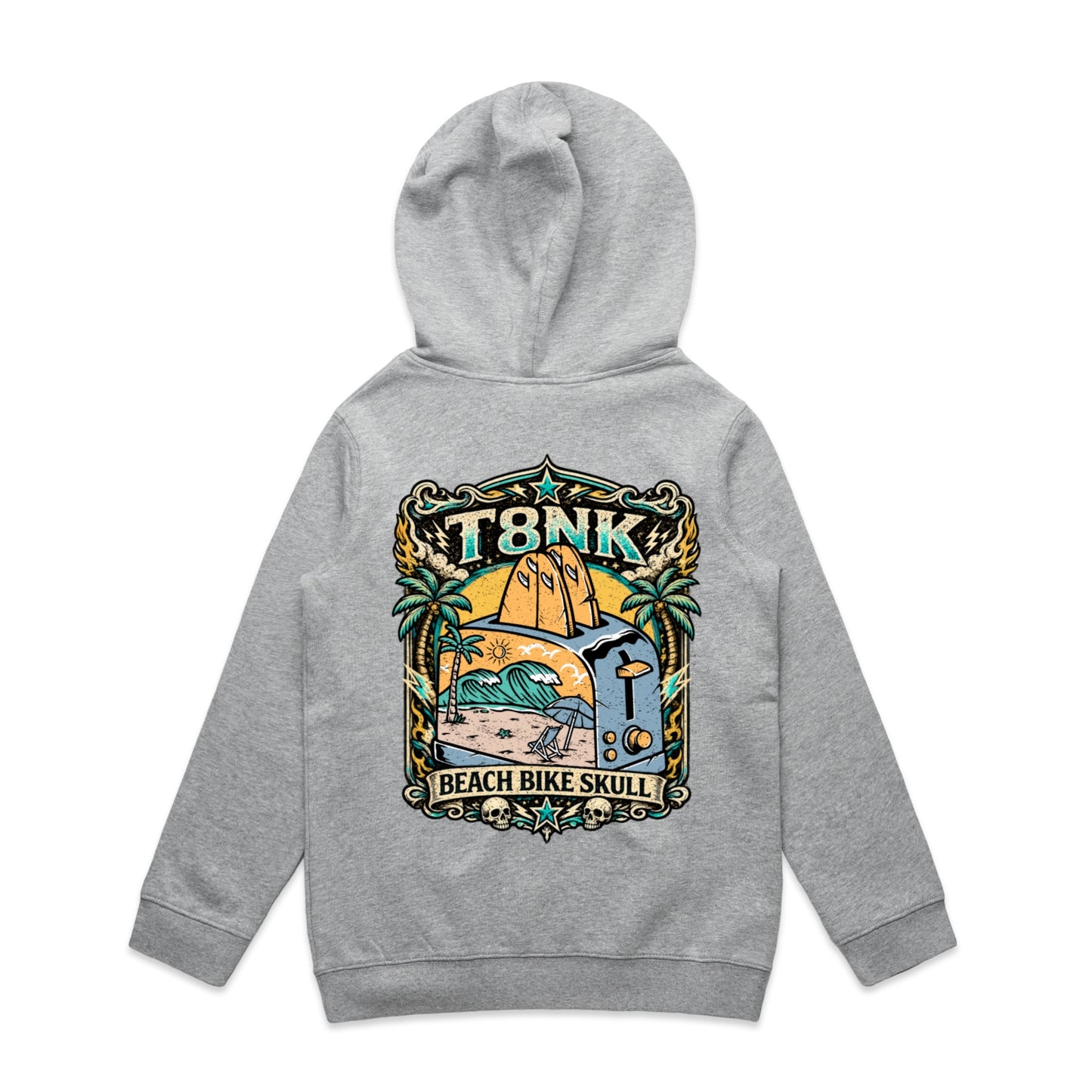 T8NK Beach Bike Skull Toaster Hood | Retro Surf Beach Graphic Hoodie