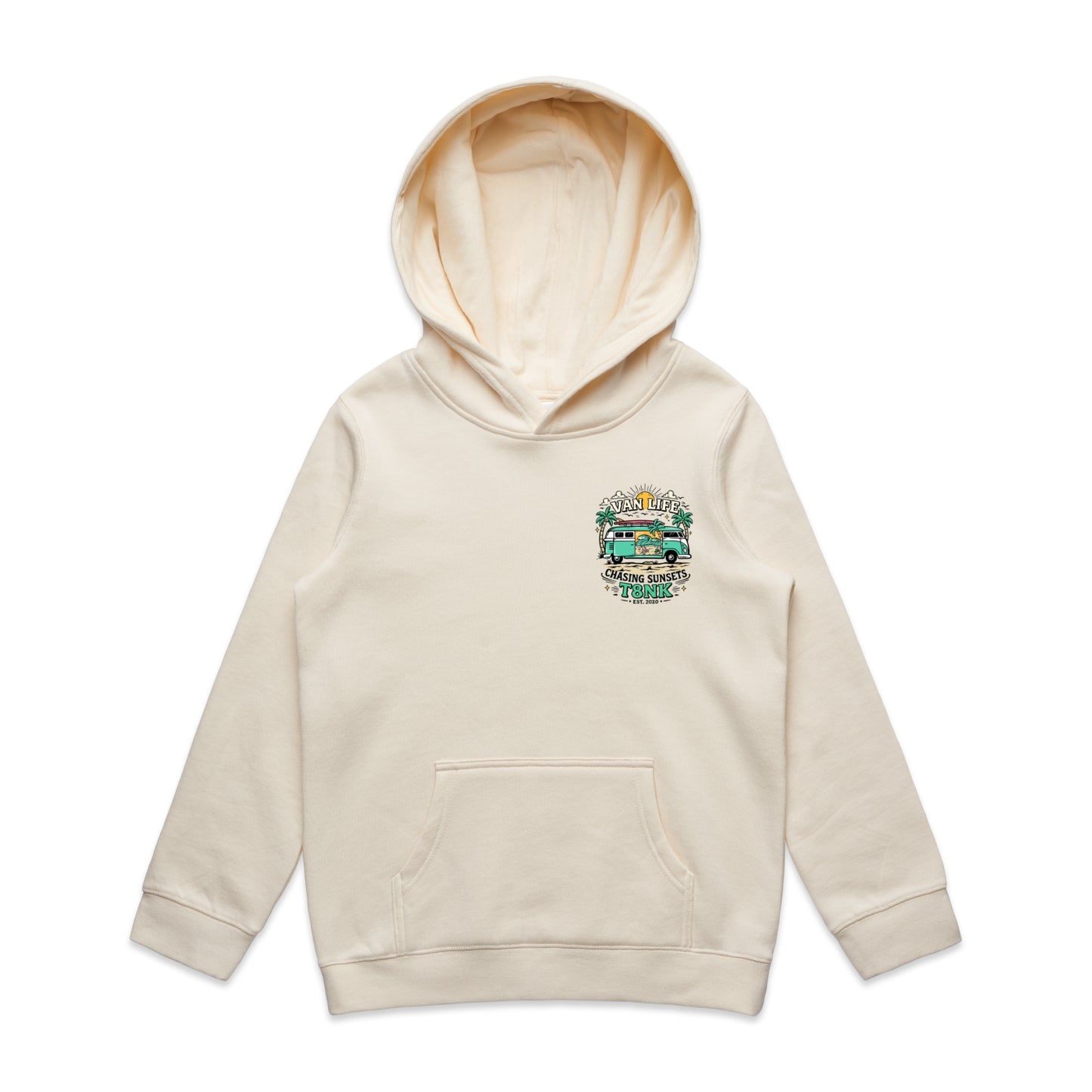 T8NK Van Life Chasing Sunsets Hoodie | Retro Camper Van Beach Graphic Hoodie
