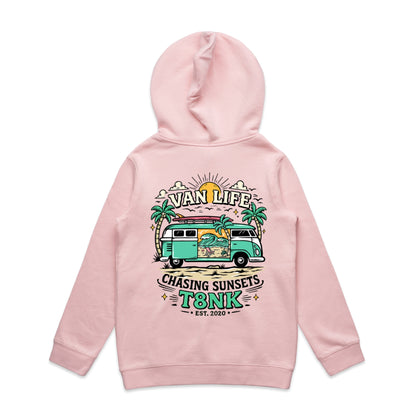 T8NK Van Life Chasing Sunsets Hoodie | Retro Camper Van Beach Graphic Hoodie