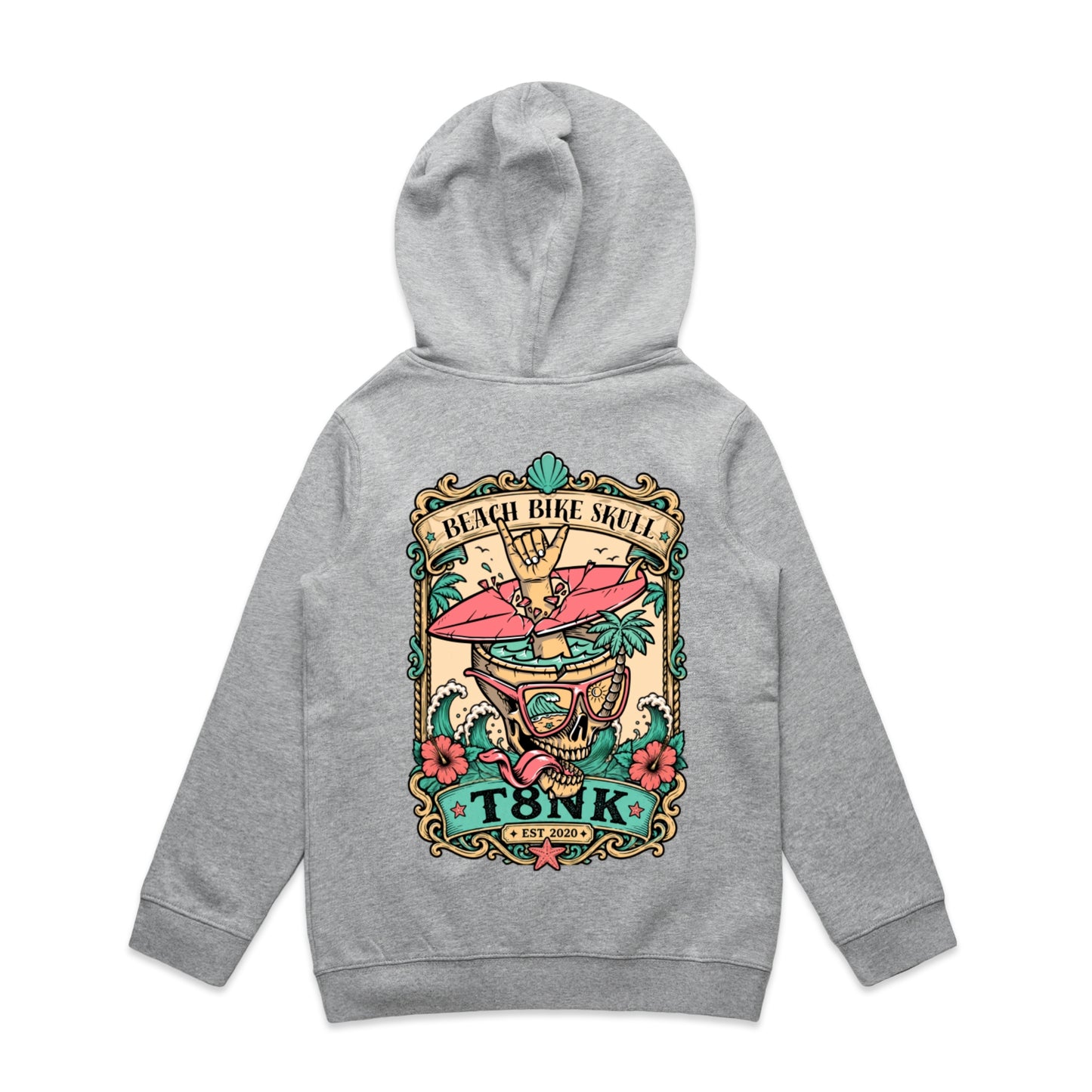 T8NK Beach Bike Skull Surf Skull Hood | Tropical Beach Graphic Hoodie