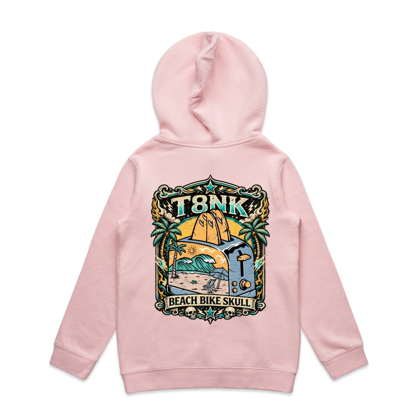 T8NK Beach Bike Skull Toaster Hood | Retro Surf Beach Graphic Hoodie