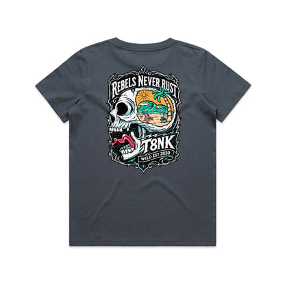 T8NK Rebels Never Rust Skull Tee | Vintage Surf Skull Graphic Tee