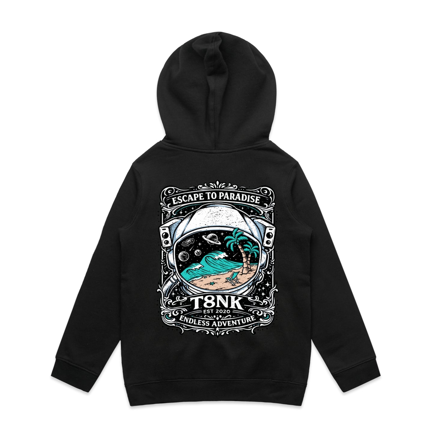 T8NK Endless Adventure Astronaut Surf Hood | Retro Space Beach Graphic Hoodie