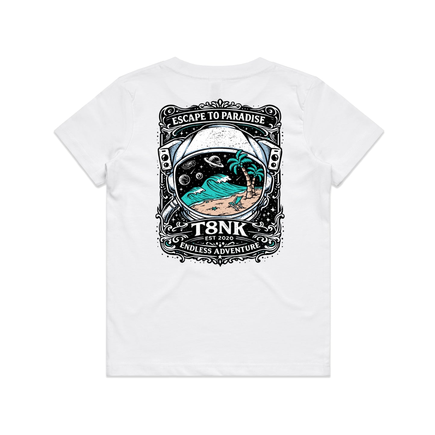T8NK Endless Adventure Astronaut Surf Tee | Retro Space Beach Graphic Tee
