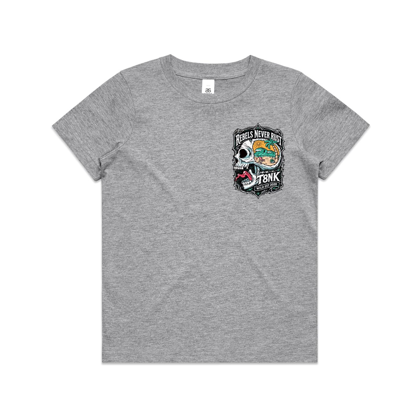 T8NK Rebels Never Rust Skull Tee | Vintage Surf Skull Graphic Tee