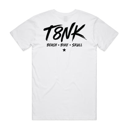 T8NK Skeleton Beach Girl T-Shirt | Skull Surfer Graphic | Coastal Tattoo Style | Rib Cage Skeleton | Gothic Beachwear