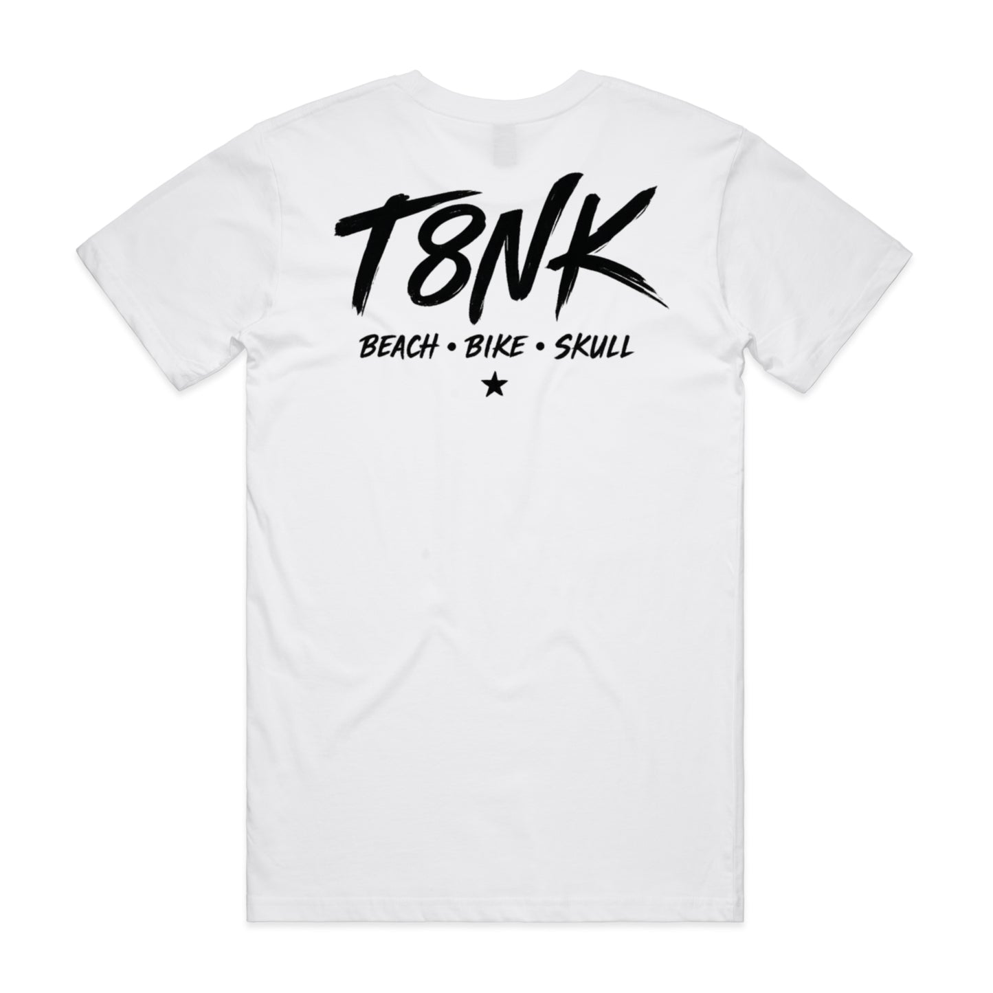 T8NK Skeleton Beach Girl T-Shirt | Skull Surfer Graphic | Coastal Tattoo Style | Rib Cage Skeleton | Gothic Beachwear