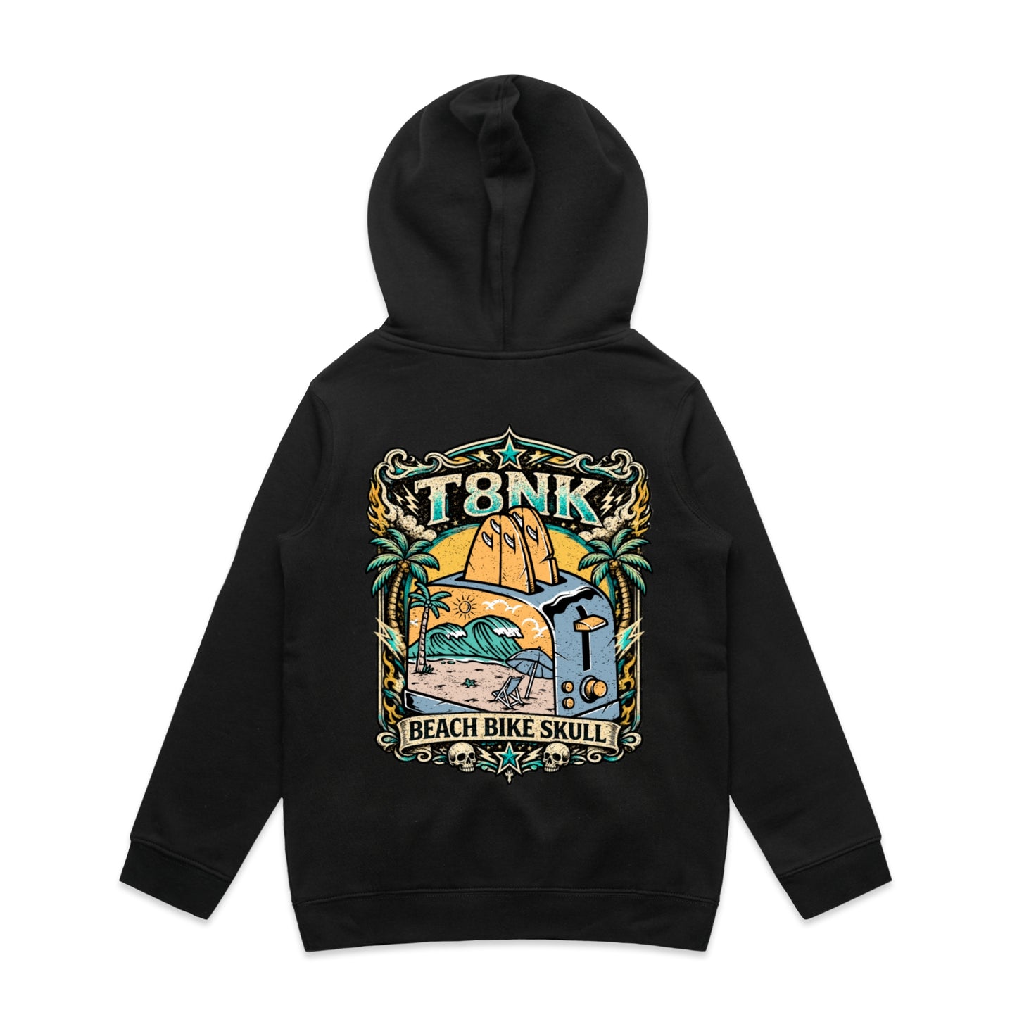 T8NK Beach Bike Skull Toaster Hood | Retro Surf Beach Graphic Hoodie