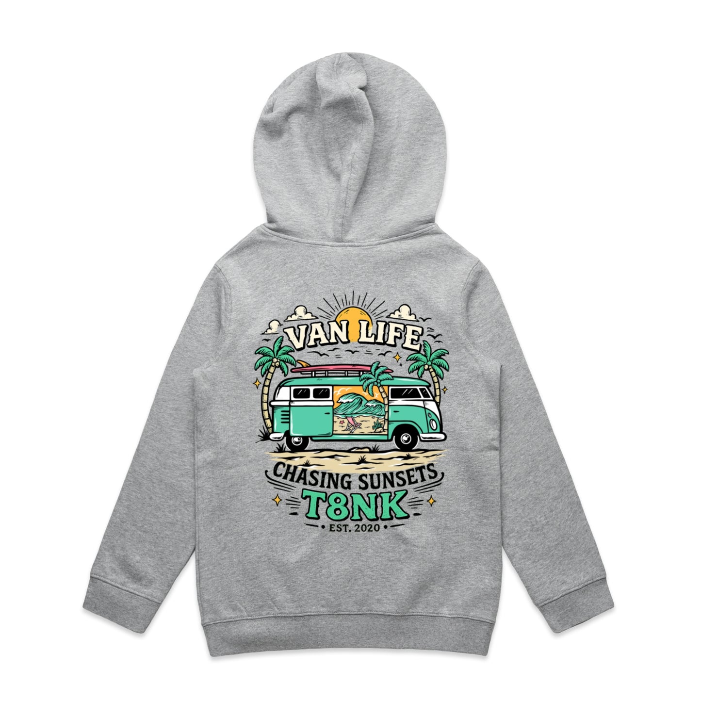 T8NK Van Life Chasing Sunsets Hoodie | Retro Camper Van Beach Graphic Hoodie