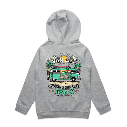 T8NK Van Life Chasing Sunsets Hoodie | Retro Camper Van Beach Graphic Hoodie