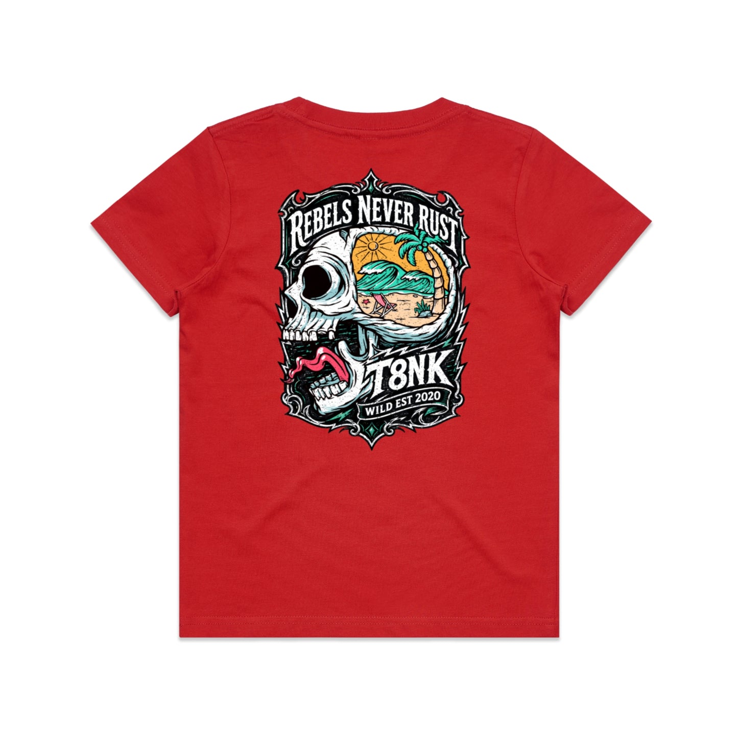 T8NK Rebels Never Rust Skull Tee | Vintage Surf Skull Graphic Tee