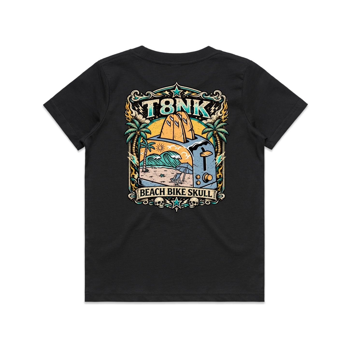 T8NK Beach Bike Skull Toaster Tee | Retro Surf Beach Graphic Tee