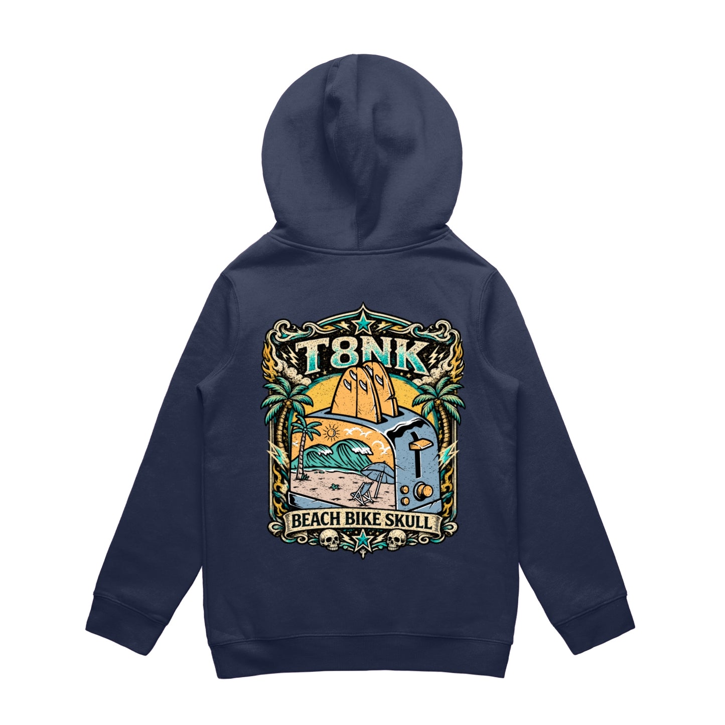 T8NK Beach Bike Skull Toaster Hood | Retro Surf Beach Graphic Hoodie
