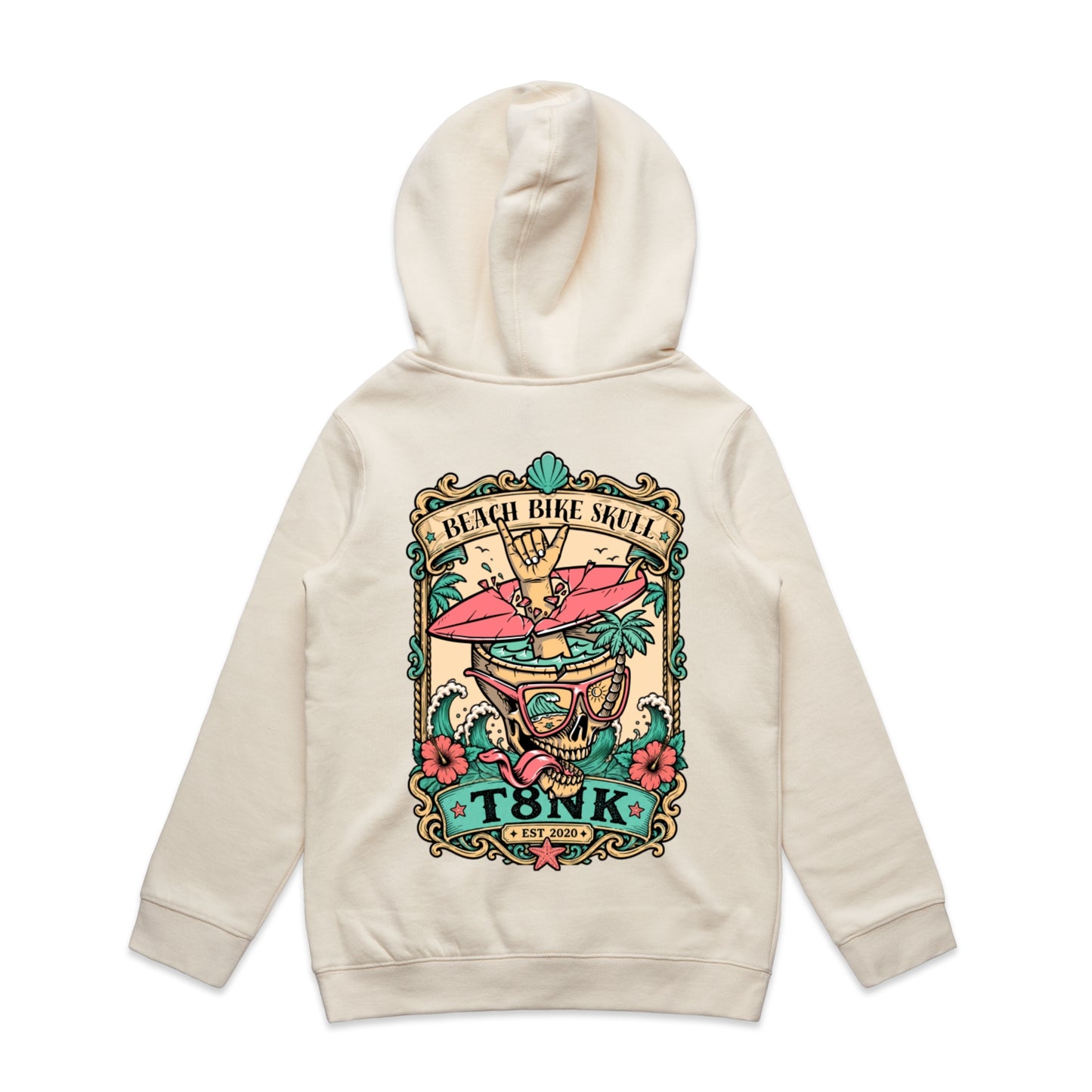 T8NK Beach Bike Skull Surf Skull Hood | Tropical Beach Graphic Hoodie