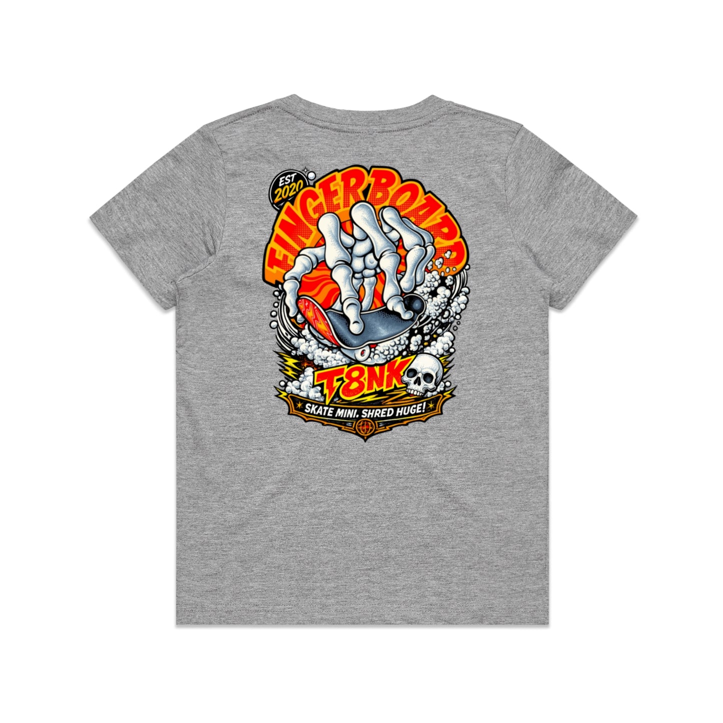 T8NK Fingerboard Skeleton Skate Tee | Retro Skateboarding Graphic Tee