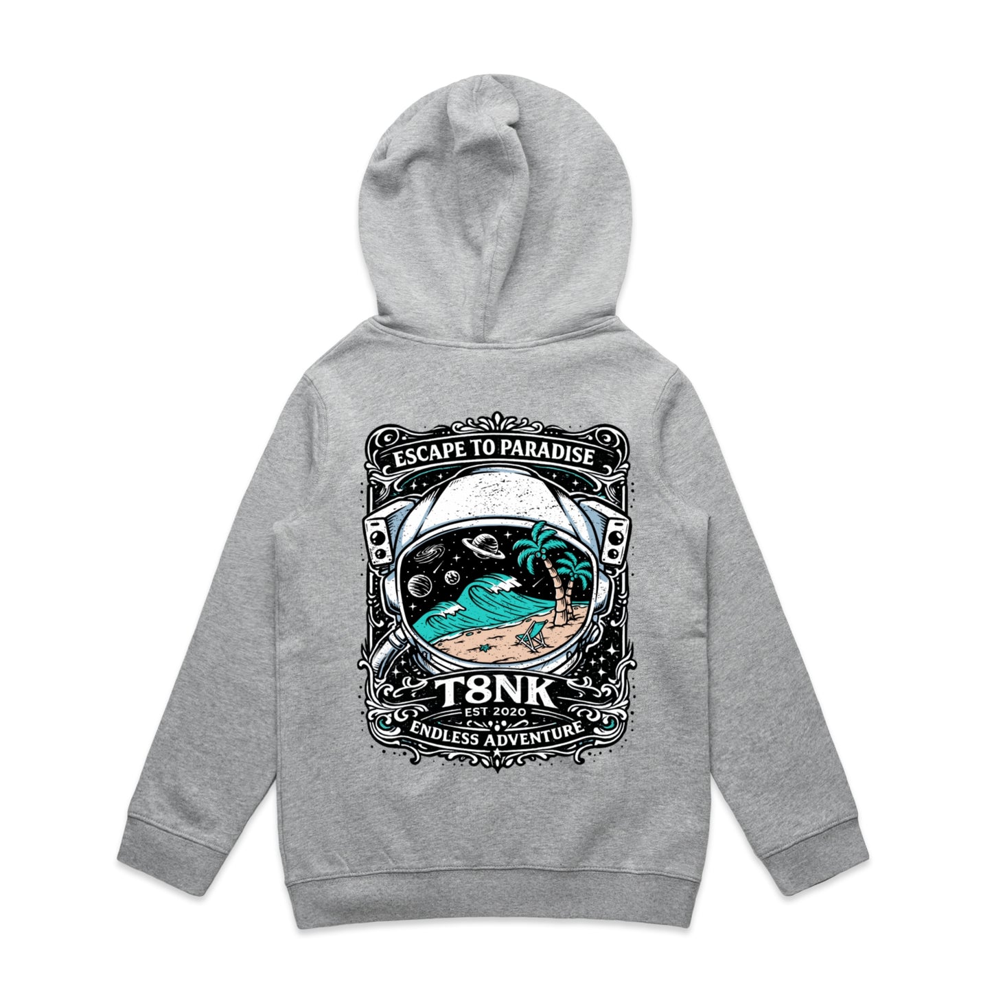 T8NK Endless Adventure Astronaut Surf Hood | Retro Space Beach Graphic Hoodie