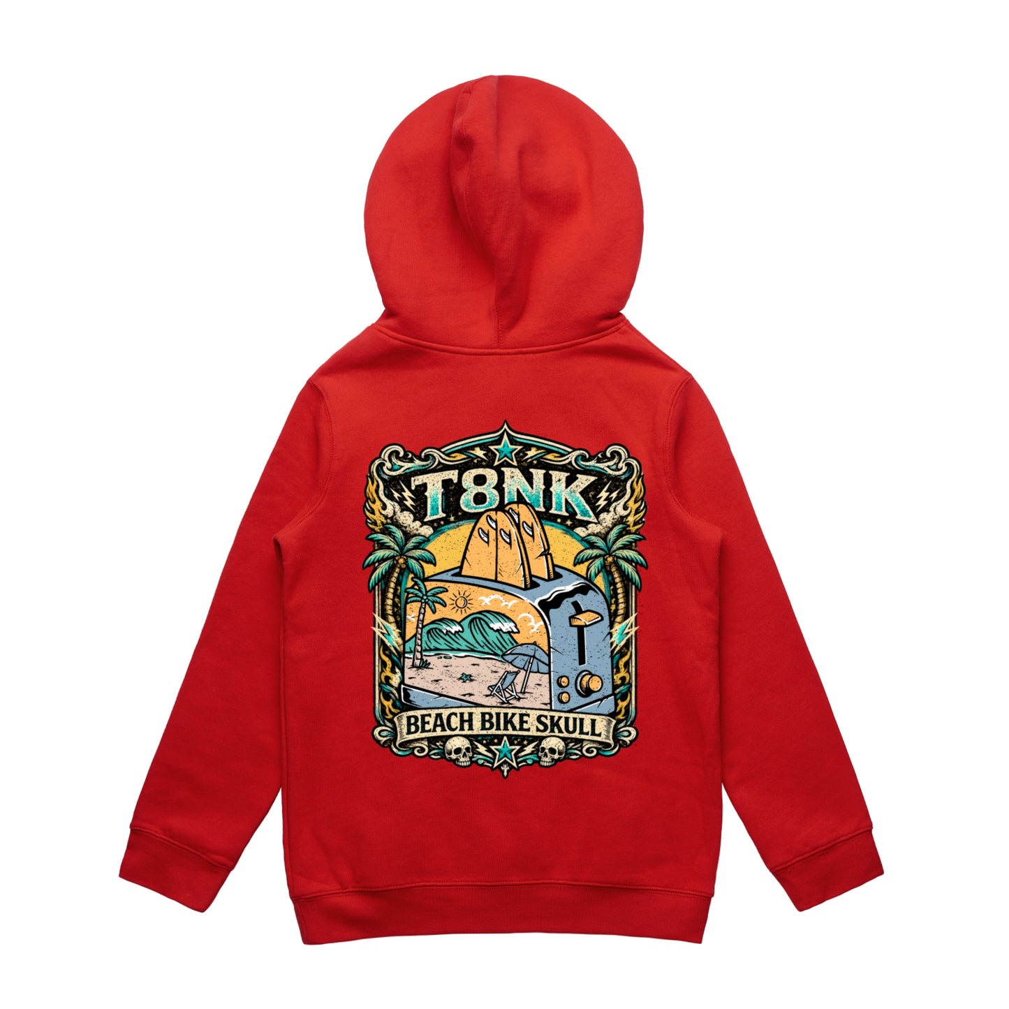 T8NK Beach Bike Skull Toaster Hood | Retro Surf Beach Graphic Hoodie
