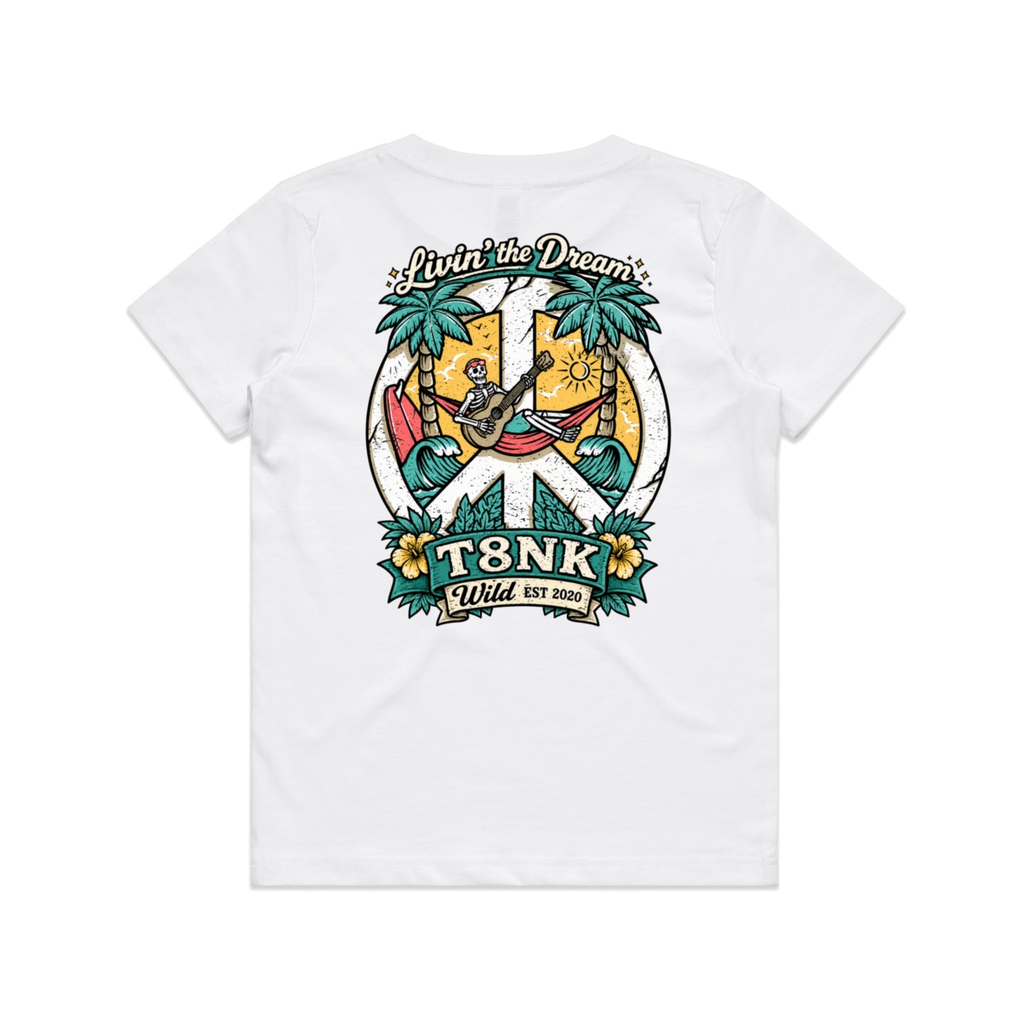 T8NK Livin’ The Dream Tee | Tropical Skeleton Beach Graphic T-Shirt