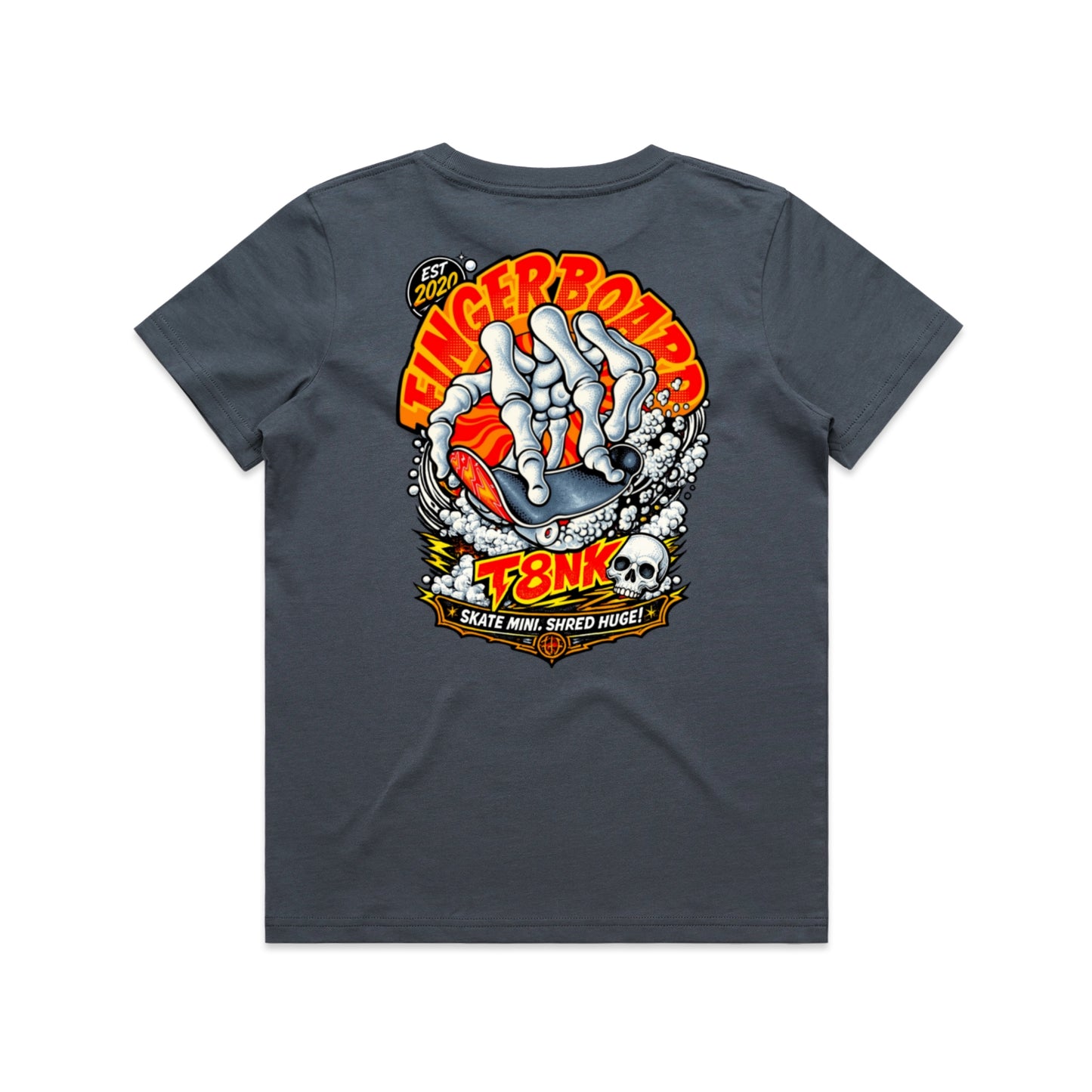 T8NK Fingerboard Skeleton Skate Tee | Retro Skateboarding Graphic Tee