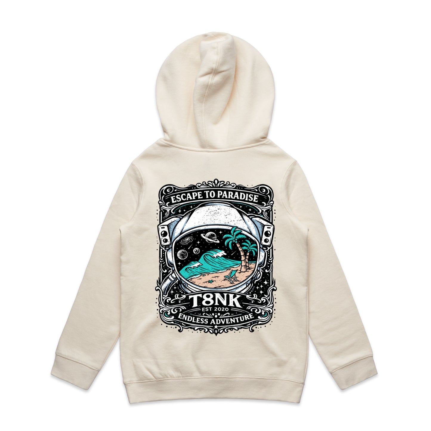 T8NK Endless Adventure Astronaut Surf Hood | Retro Space Beach Graphic Hoodie