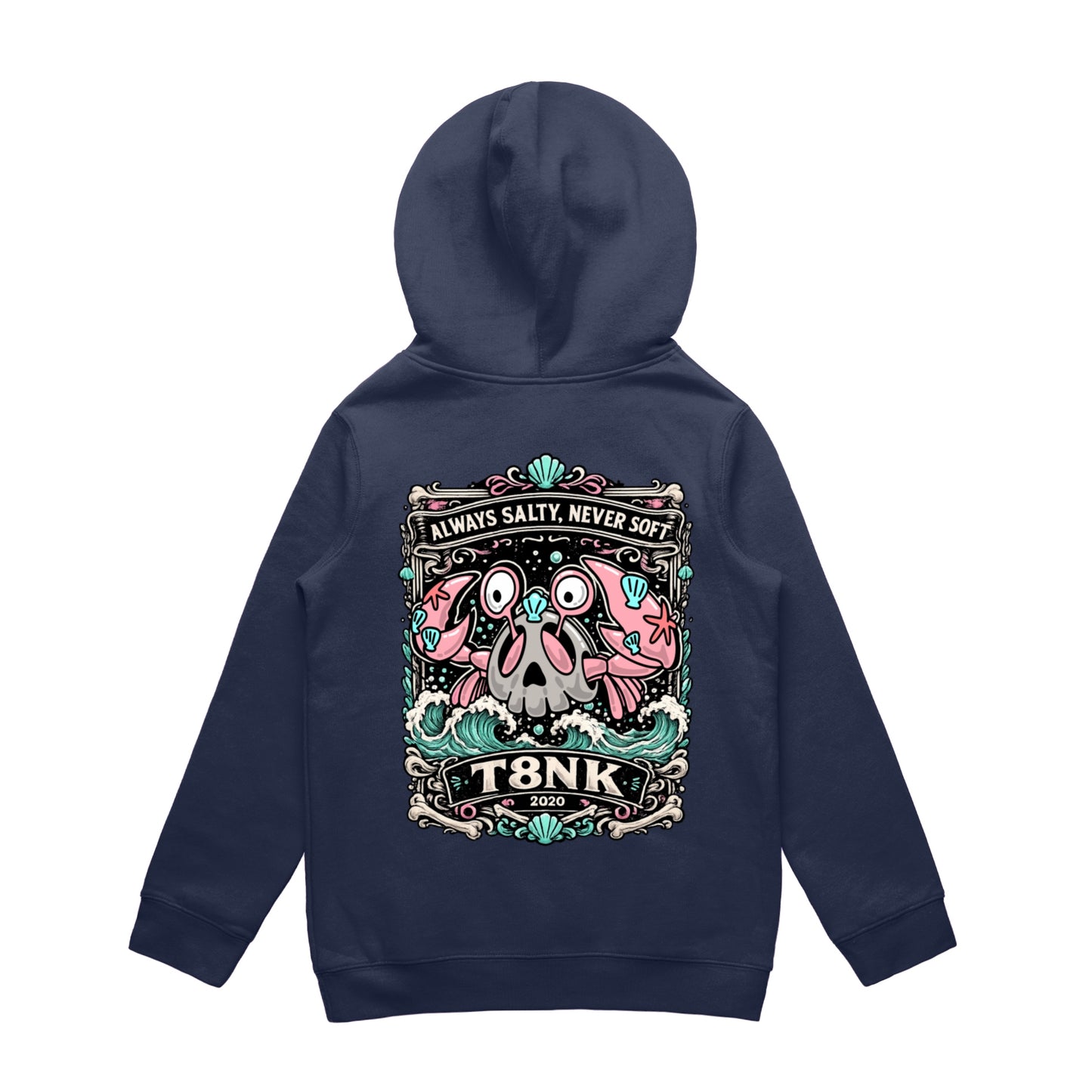 T8NK Always Salty Never Soft Crab Skull Hood | Coastal Graphic Hoodie