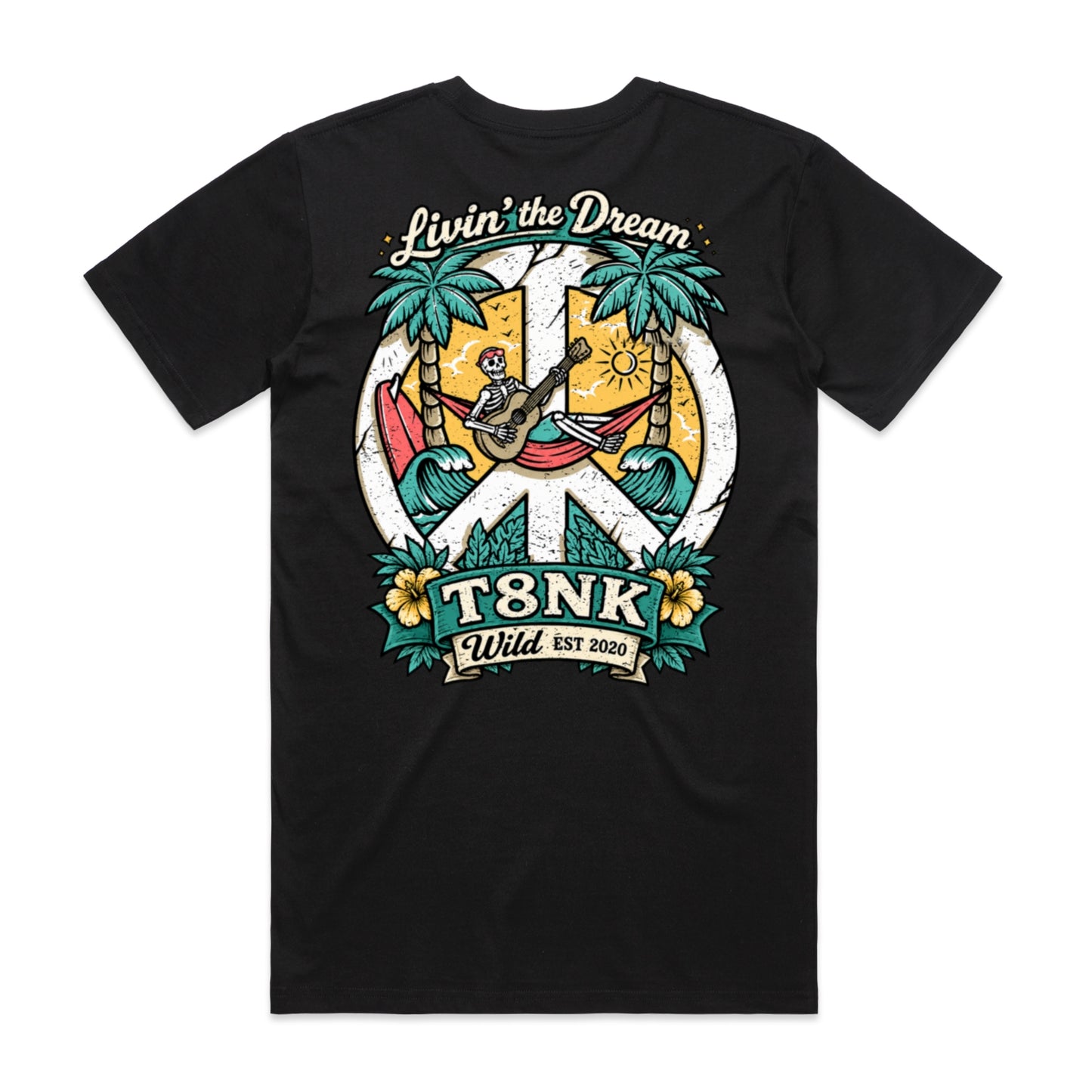 T8NK Livin’ The Dream Tee | Tropical Skeleton Beach Graphic T-Shirt