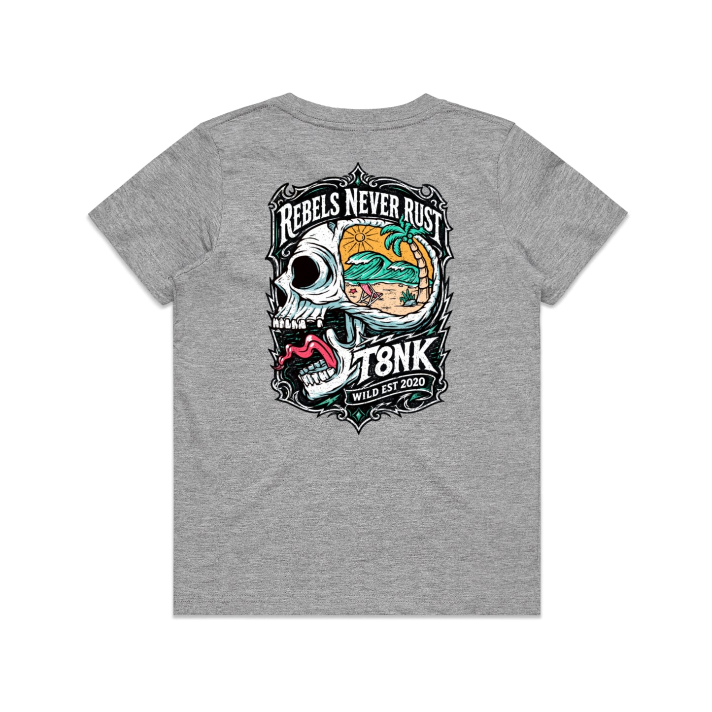T8NK Rebels Never Rust Skull Tee | Vintage Surf Skull Graphic Tee