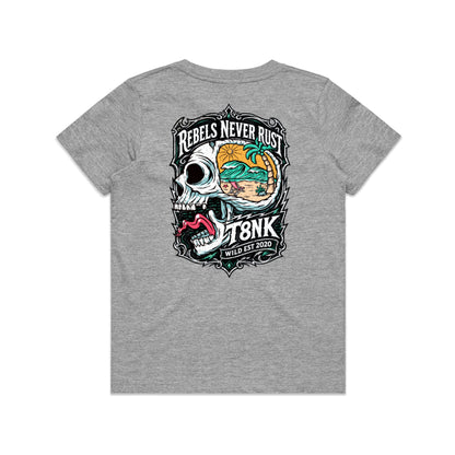 T8NK Rebels Never Rust Skull Tee | Vintage Surf Skull Graphic Tee