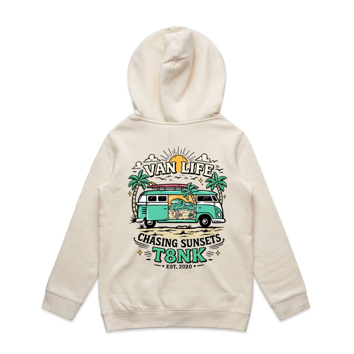 T8NK Van Life Chasing Sunsets Hoodie | Retro Camper Van Beach Graphic Hoodie