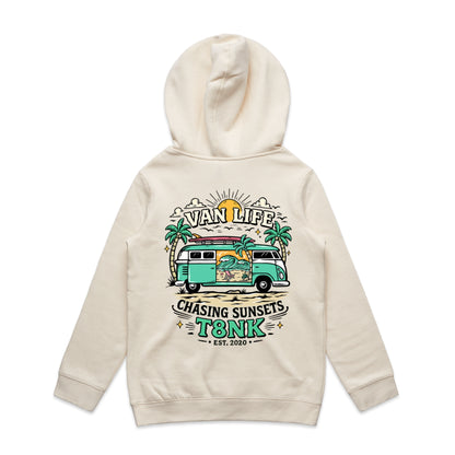 T8NK Van Life Chasing Sunsets Hoodie | Retro Camper Van Beach Graphic Hoodie