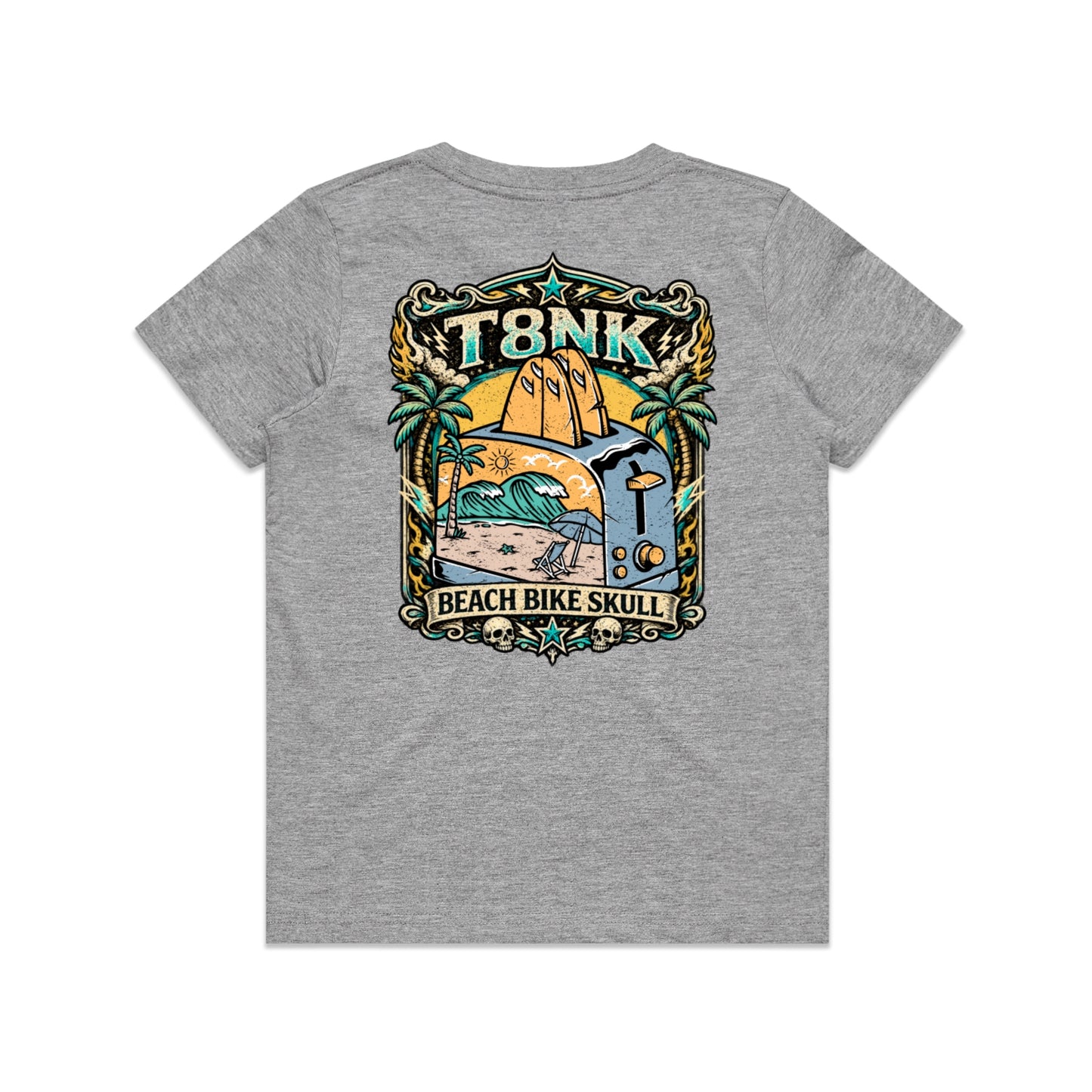 T8NK Beach Bike Skull Toaster Tee | Retro Surf Beach Graphic Tee