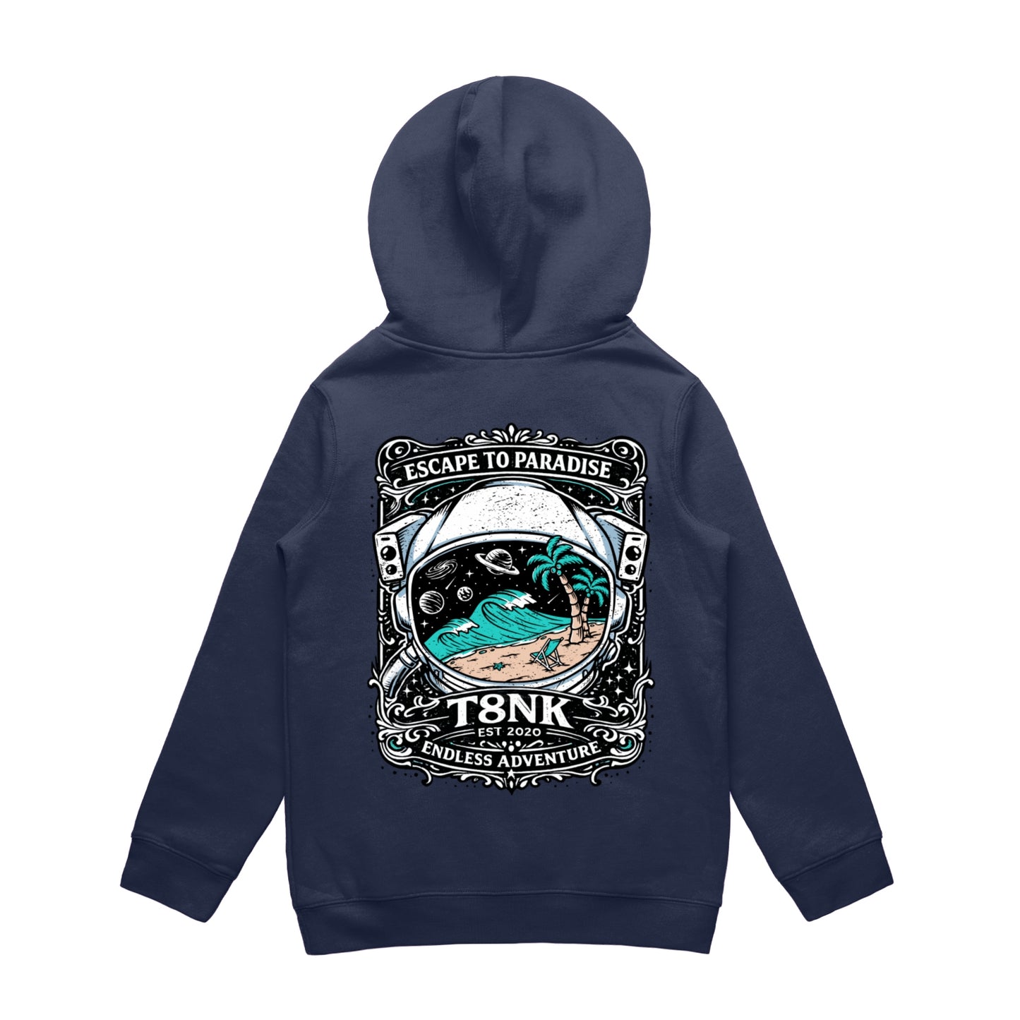T8NK Endless Adventure Astronaut Surf Hood | Retro Space Beach Graphic Hoodie