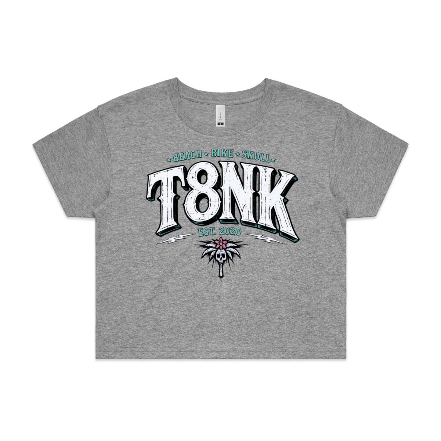 T8NK Beach Bike Skull Logo | Coastal Streetwear Surf Palm Skull Crop Top | Vintage Style