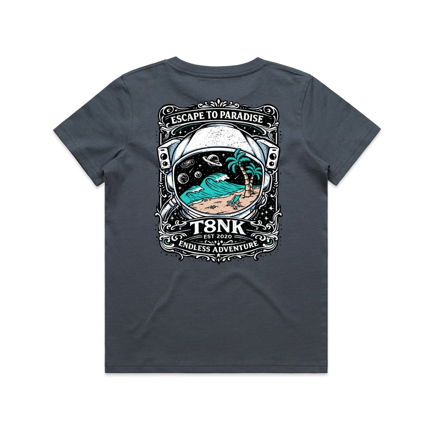 T8NK Endless Adventure Astronaut Surf Tee | Retro Space Beach Graphic Tee