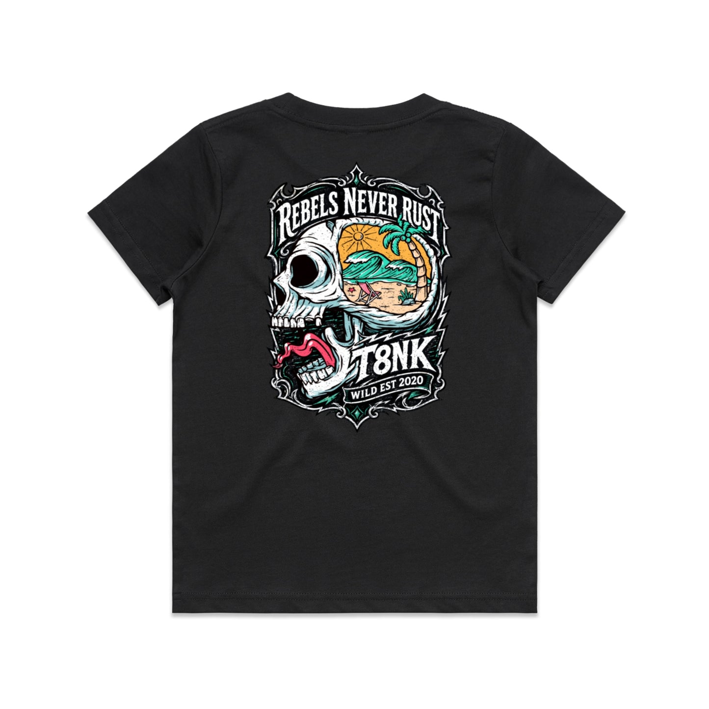 T8NK Rebels Never Rust Skull Tee | Vintage Surf Skull Graphic Tee