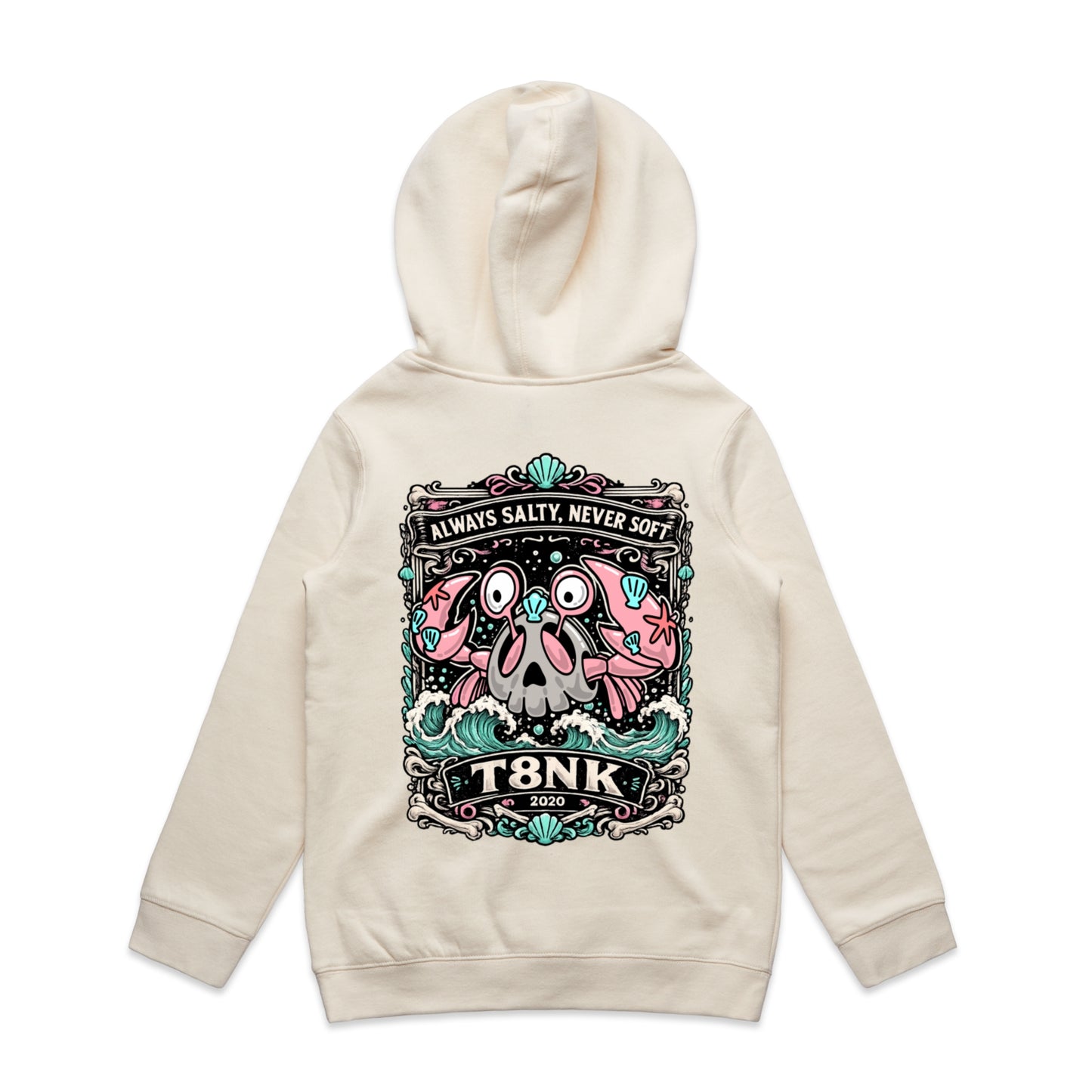 T8NK Always Salty Never Soft Crab Skull Hood | Coastal Graphic Hoodie