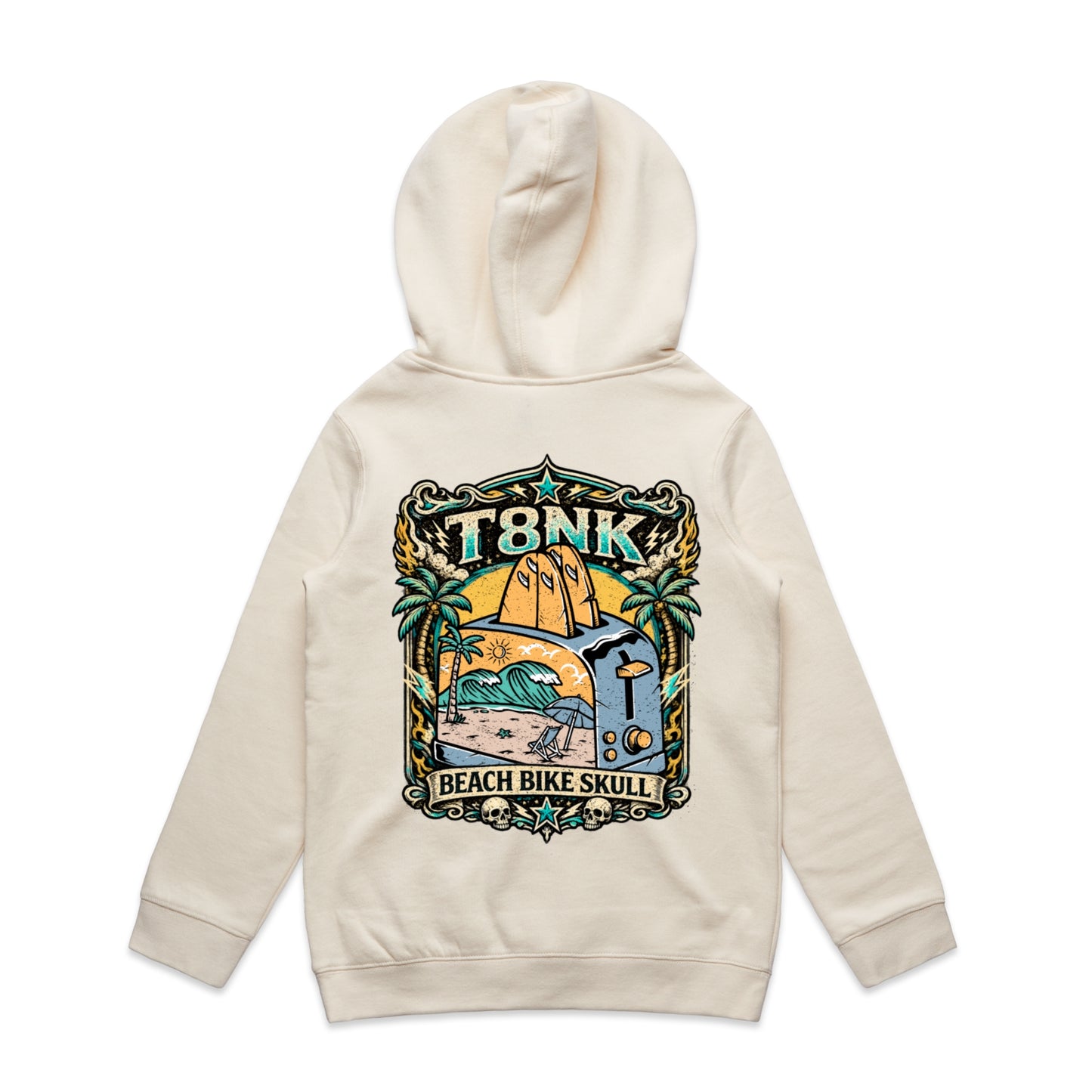 T8NK Beach Bike Skull Toaster Hood | Retro Surf Beach Graphic Hoodie