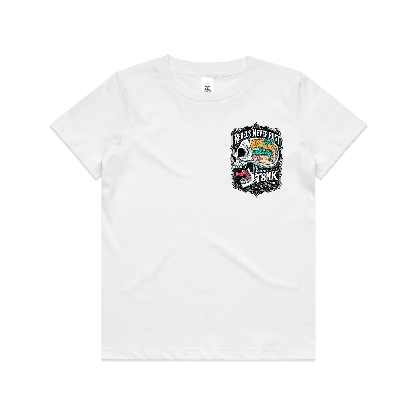 T8NK Rebels Never Rust Skull Tee | Vintage Surf Skull Graphic Tee
