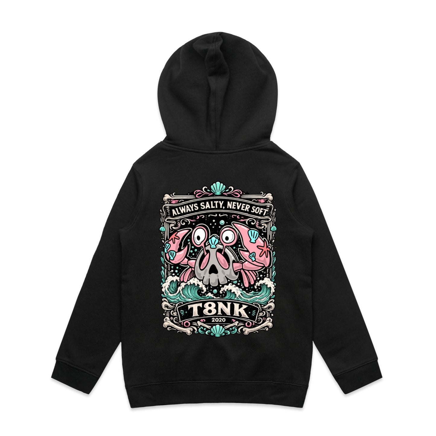 T8NK Always Salty Never Soft Crab Skull Hood | Coastal Graphic Hoodie
