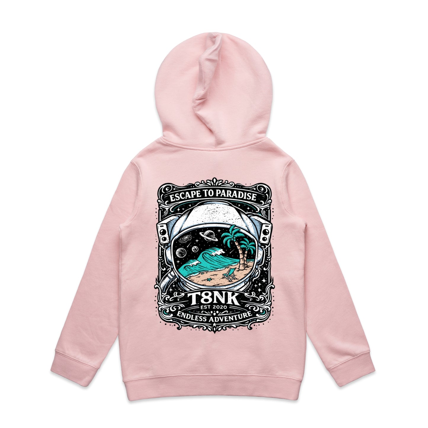 T8NK Endless Adventure Astronaut Surf Hood | Retro Space Beach Graphic Hoodie