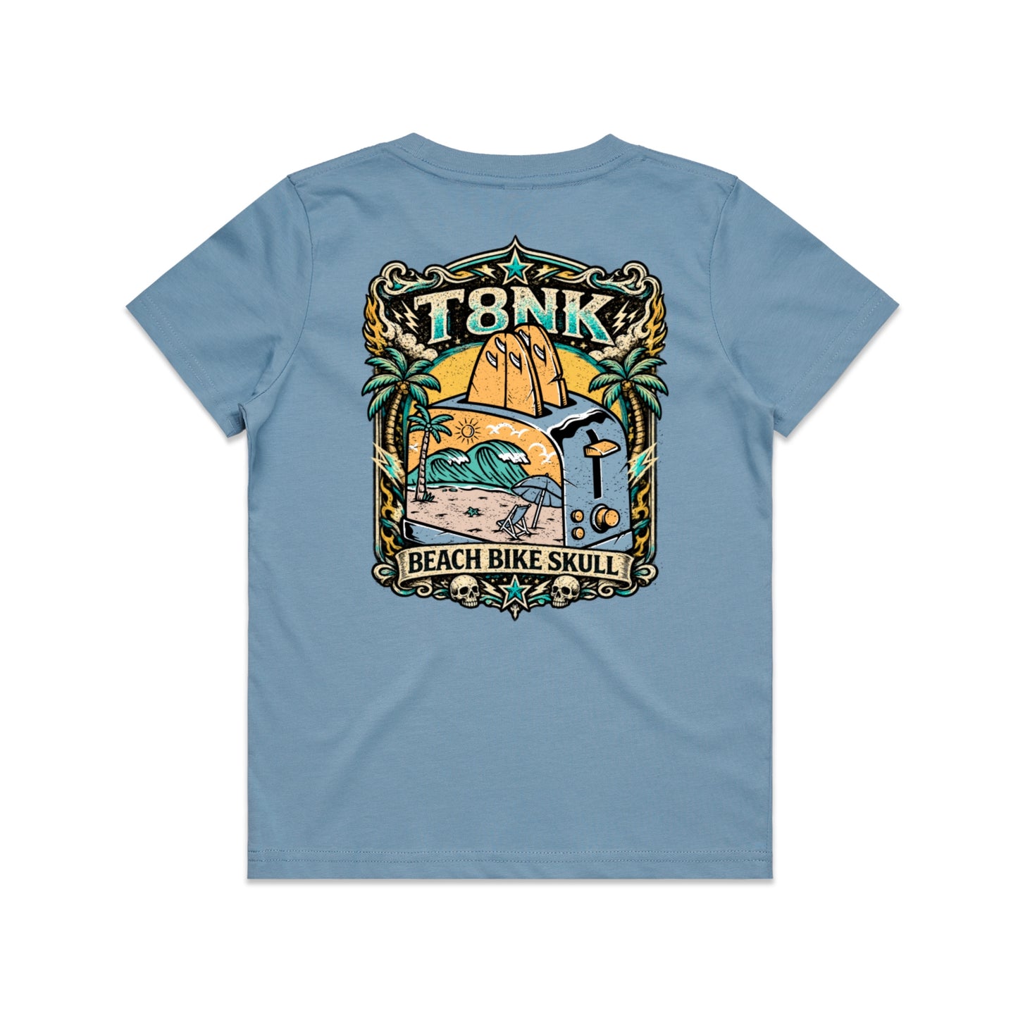 T8NK Beach Bike Skull Toaster Tee | Retro Surf Beach Graphic Tee